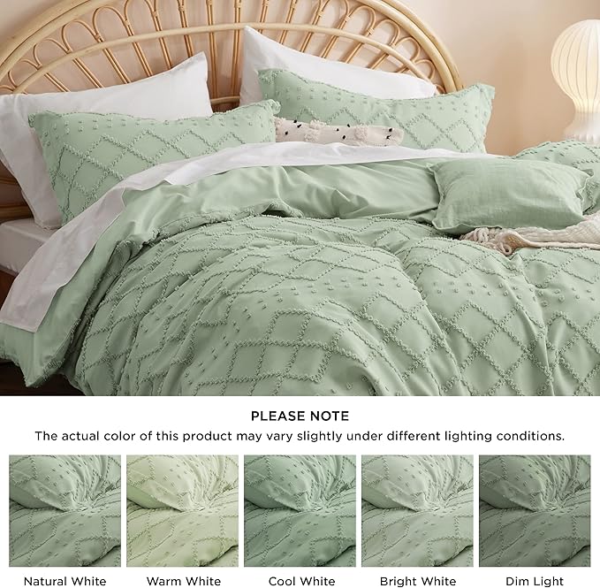 Bedsure Boho Duvet Cover King Size - Sage Green Breathable & Soft Boho Bedding, Machine Washable Comforter Cover for All Seasons, Includes 1 Duvet Cover 104"x90" with 2 Pillow Shams & Zipper Closure