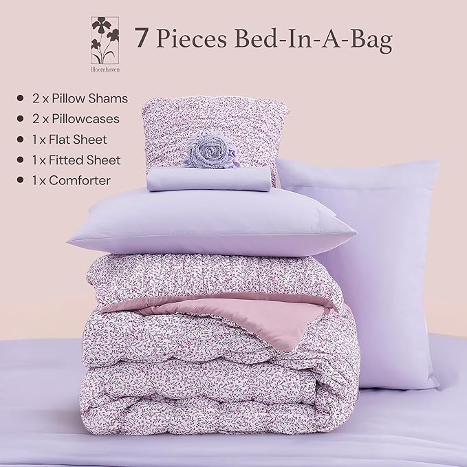 King Comforter Set - 7 Pieces Light Purple Puff Floral Bedding Sets for All Seasons, Shabby Chic Farmhouse Bed in a Bag King with Wildflowers Fluffy Comforter, Sheets, Pillowcases & Shams