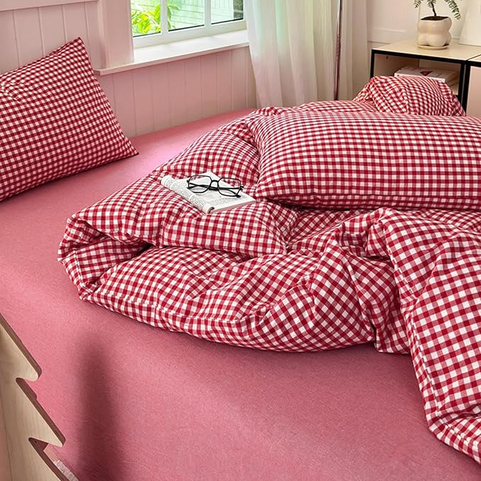 LifeTB Red Gingham Comforter Set King Modern Style Boho Plaid Comforter Set 3 Pieces Soft Fluffy Grid Checkered Pattern Comforter with 2 Pillowcases Farmhouse Gingham Plaid Bedding Set Breathable