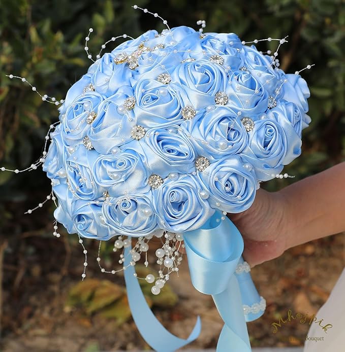 Bridal Wedding Bouquet Round Bling Brooch Bouquet Throw Toss Artificial Rose Flower Bunch for Bride Bridesmaid Wedding Quinceanera(Light Blue, 6.3")