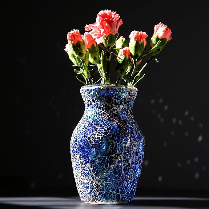 8" H Blue Mosaic Vase.Exquisite Craftsmanship.Decor Home Modern Midsize All Handmade Mosaic Vases .Beautiful Hand-Set Cracked Glass Vase for Home&Office Decor.Unique Gift