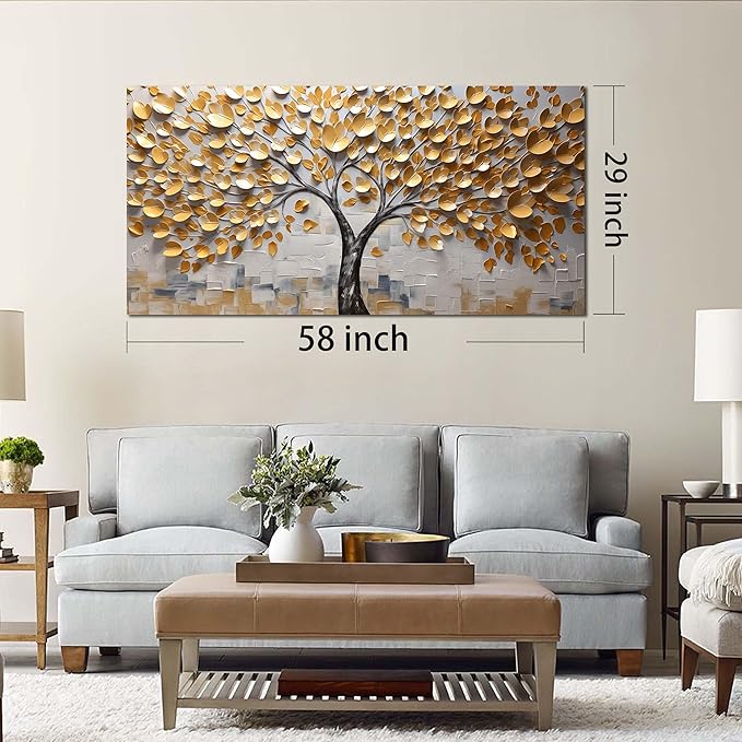 Tree Pictures Wall Decor for Living Room Yellow Canvas Wall Art for Bedroom Large Abstract Wall Art for Office Size 29" x 58"