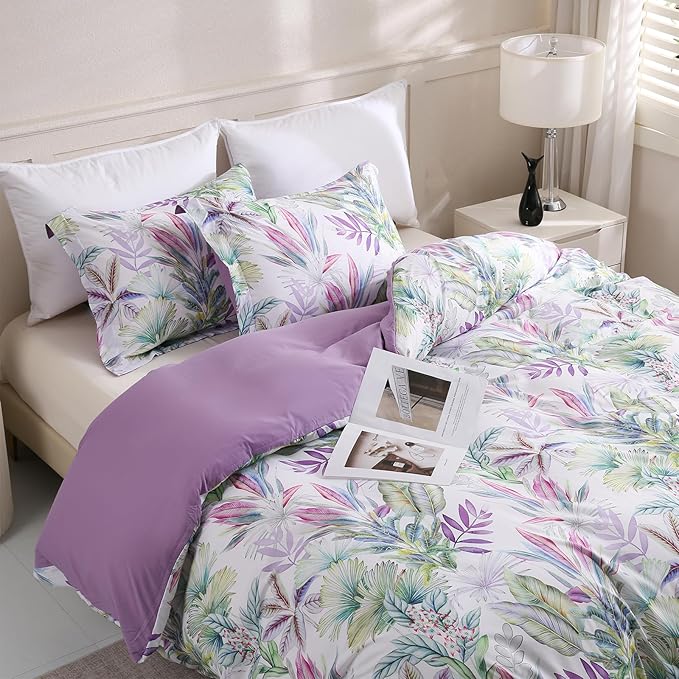 LONAVA Queen Botaincal 3 Pcs Duvet Cover Set, Breathable Soft Microfiber Lavender Lining Comforter Cover with Zipper Closure, and 2 Anti-Pilling, Fade Resistant Pillowcases, Tropical