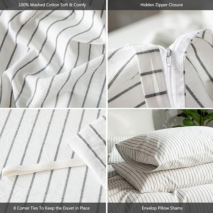 MooMee Striped Duvet Cover Set 100% Washed Cotton Linen Like Textured Breathable Durable Soft Comfy (White Dark Grey Wide Stripes, Oversized Full 82"x86")