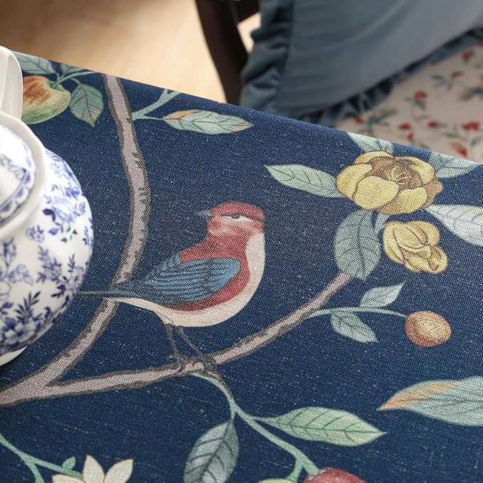 Linen Table Cloth Rectangle,Wrinkle Resistant French Blue Tablecloth Print with Froal,Decor Stitch Table Cloth for Thanksgiving,Dining Room,Home,Kitchen 63" × 102"-DeweyA Blue