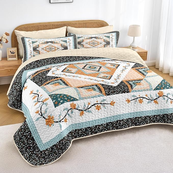 Quilt Set King Size, Farmhouse Floral 3 Pcs Soft Bed Cover Bedding Set, Boho Rustic Geometric Lightweight Bedspread Coverlet with 2 Pillow Sham for All Season