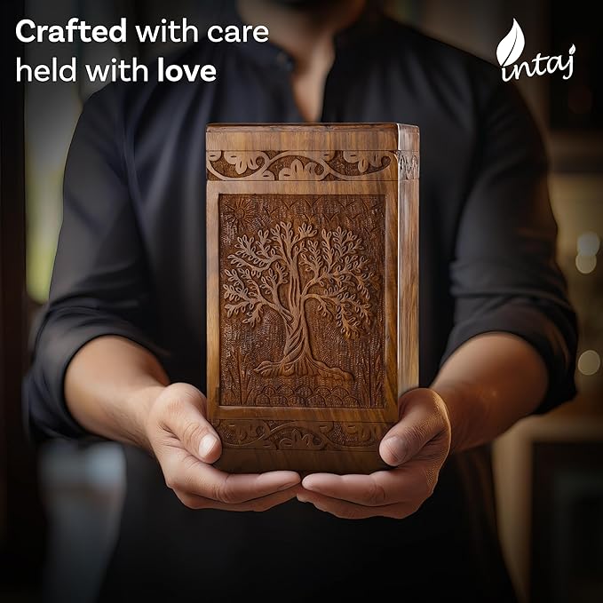 INTAJ Handcarved Wooden Cremation Urn for Human Ashes - Tree of Life Design, 115 lbs Capacity, Suitable for Adult Men and Women, Mom and Dad - Decorative Funeral Urn Box and Casket
