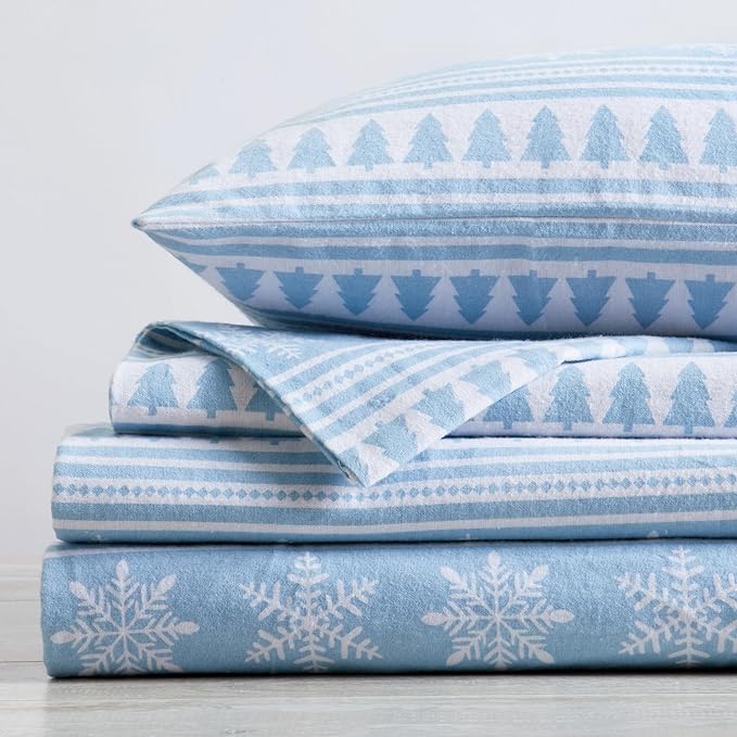 Market & Place 100% Cotton King Flannel Sheet Set | 4 Piece Deep Pocket Novelty Cozy Winter Bed Sheets | Double Brushed for Extra Softness & Comfort | Alpine Collection (King, Striped Snowflake)