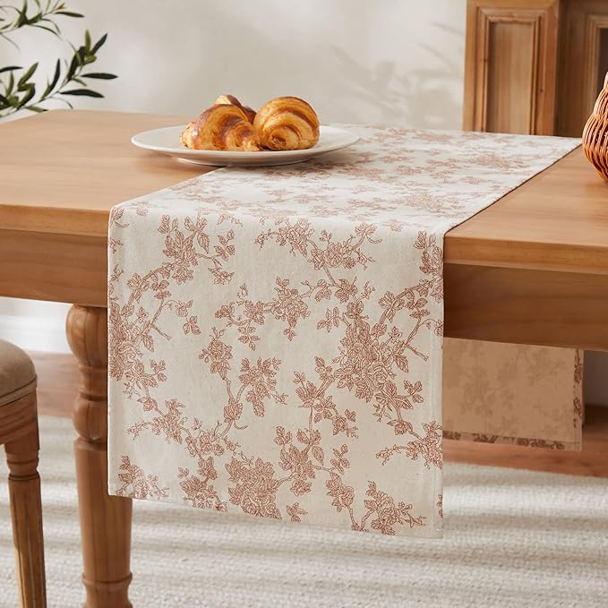 100% Cotton French Pastoral Table Runners, 13x48 Inch Terracota Farmhouse Table Runners 48 Inches Long, Vintage Flowers Print Home Decors