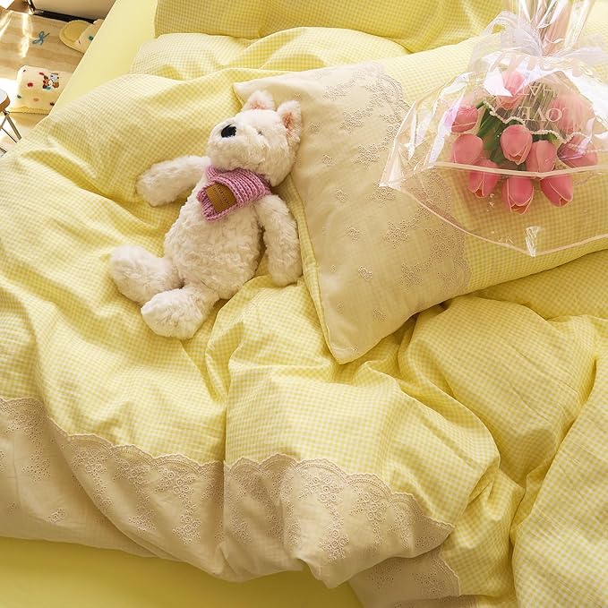 LifeTB Yellow Gingham Duvet Cover Queen 3 Pieces Romantic Lace Comforter Cover Soft Microfiber Cream Yellow Grid Duvet Cover Farmhouse Plaid Checkered Comforter Cover Grid Gingham Bedding Set