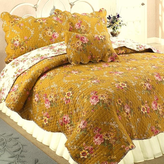 Cozy Line Home Fashions Perry Mustard Yellow Floral Blooming Flower Printed 100% Cotton Vintage Quilt Bedding Set Reversible Coverlet Bedspread (Camellia, King - 3 Piece)