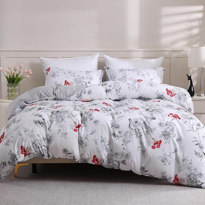 LONAVA King Flower 3 Pcs Duvet Cover Set, Breathable Soft Microfiber White Lining Comforter Cover with Zipper Closure, and 2 Anti-Pilling, Fade Resistant Pillowcases, Gothic Rose