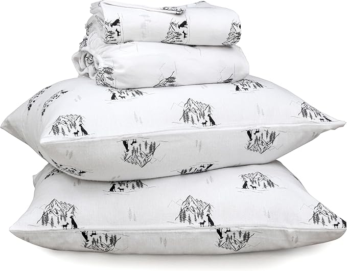 RUVANTI Flannel Sheets Queen Size - 100% Cotton Double Brushed Bed Sheets, Deep Pockets 16 Inches Queen Sheet Set, All Seasons Breathable & Extra Soft - Warm & Cozy, 4 Piece, Soul Dog White