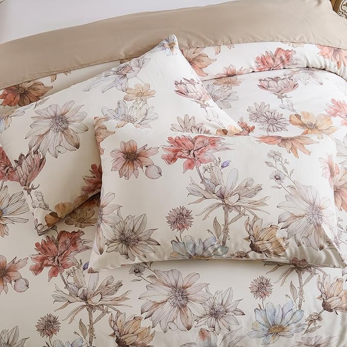 100% Cotton Duvet Cover Queen Size – Cream Hand-Drawn Watercolor Blooms Duvet Cover Set with Zipper Closure & Corner Ties, 3-Piece Luxury & Silky Soft Bedding Set for All Seasons