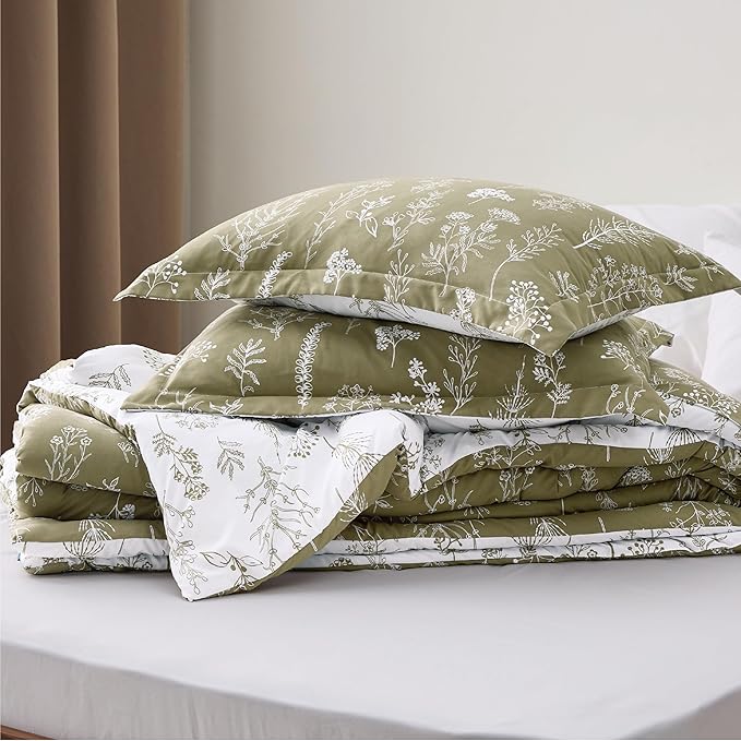 Bedsure Full Comforter Set - Olive Green Bed Set, 3 Pieces Cute Floral Bedding, 1 Soft Reversible Botanical Flowers Comforter and 2 Pillow Shams