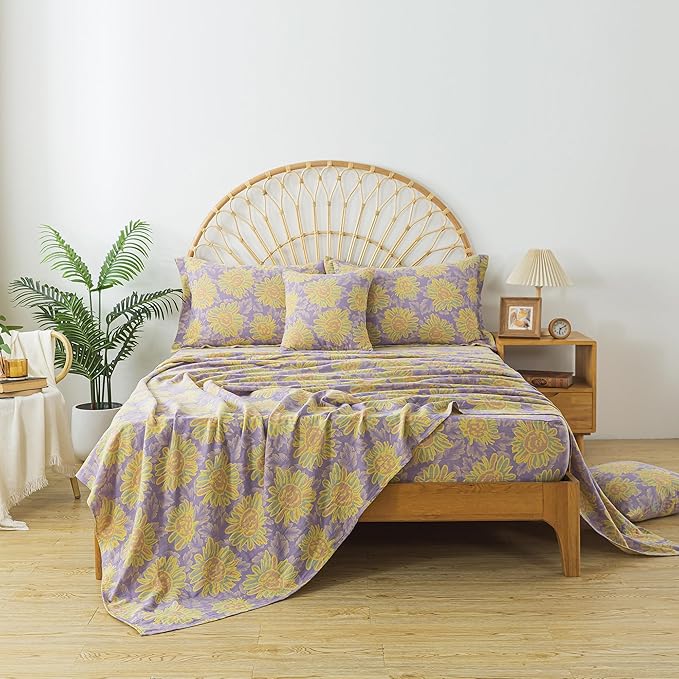 FADFAY Sunflower Sheets Set King Vintage Yellow Purple Floral Bedding Shabby Farmhouse Bedding Super Soft Washed Double -Layer Muslin Sheets 100% Cotton Deep Pocket Fitted Sheet 4Pcs, King Size