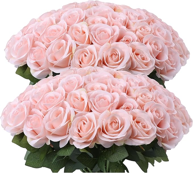 52pcs Blush Pink Roses Artificial Flowers Ivory Fake Flowers Silk Roses with Stems for DIY Wedding Bouquets Bridal Shower Centerpieces Arrangements Party Decorations
