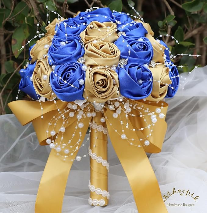 Bridal Wedding Bouquet Round Bling Brooch Bouquet Throw Toss Artificial Rose Flower Bunch for Bride Bridesmaid Wedding Quinceanera(Royal Blue & Gold, 9.8")