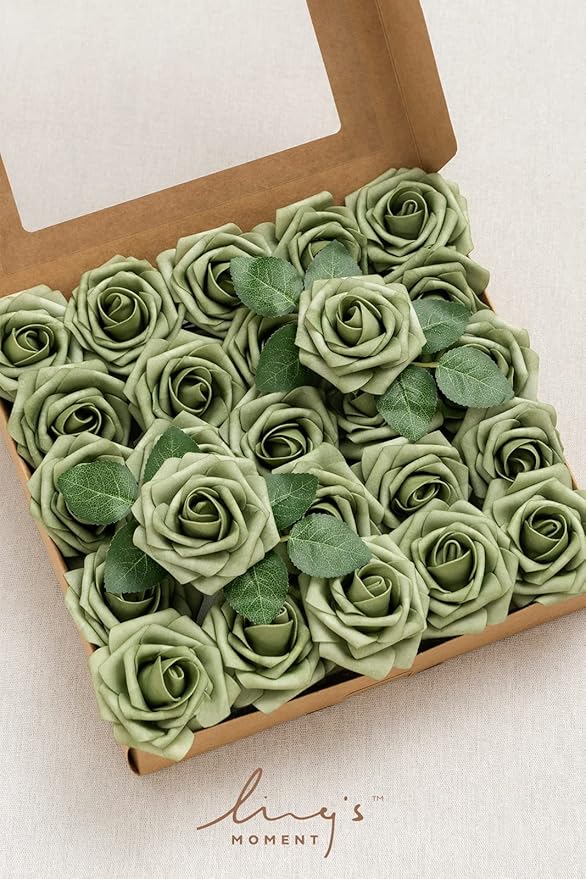 Ling's moment Artificial Flowers 50Pcs Elf Green Roses Decor w/Stems,3" Real Touch DIY Foam Floral for Wedding Bouquet/Centerpieces, Outdoors Party Backdrop, Room/Table, and Garden/Pot Decorations