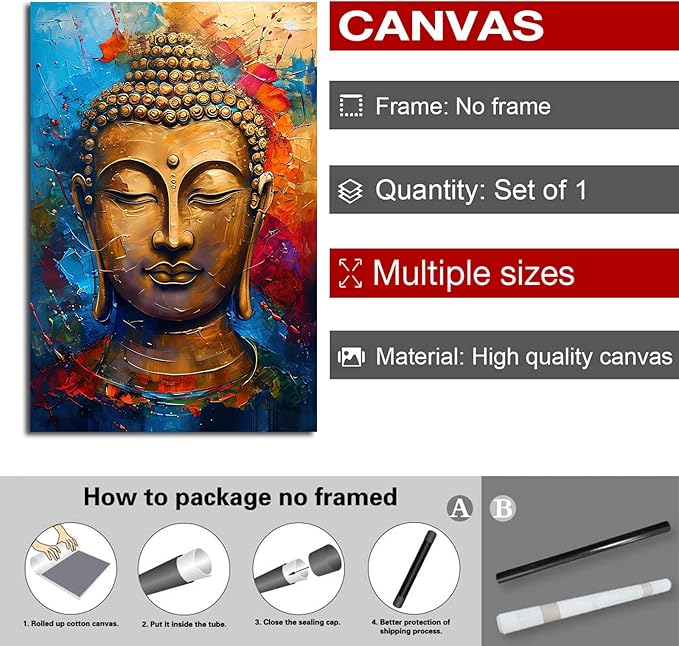 Golden Serenity Buddha Vintage Painting Wall Art Spirituality and Modern Art Wall Decor Adds Brilliance to Vibrant Home Decor 24x36in Frameless