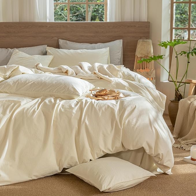 MooMee Wavy Striped Duvet Cover Set 100% Washed Cotton Linen Like Textured Breathable Durable Soft Comfy (Cream White, Queen 90"x90")
