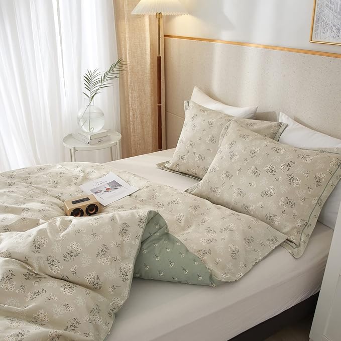 EAVD Boho Floral Duvet Cover Full Soft Cotton Garden Beige Floral Bedding Sets Full Aesthetic with 2 Pillowcases Chic Shabby Botanical Duvet Cover with Zipper Closure