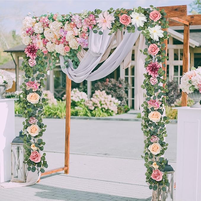 Waipfaru Artificial Flower Garland with Lights, 6.07Ft Lighted Eucalyptus Greenery Garland, Pink Rose Floral Vines for Wedding Table Runner Centerpieces Backdrop Decor