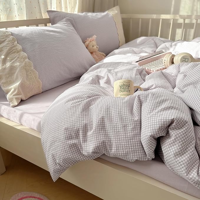 LifeTB Purple Gingham Comforter Set Queen Romantic Lace Style Checkered Pattern Comforter Set Farmhouse Purple Grid Plaid Bedding Comforter Queen Fluffy Soft Lightweight Gingham Bedding Set