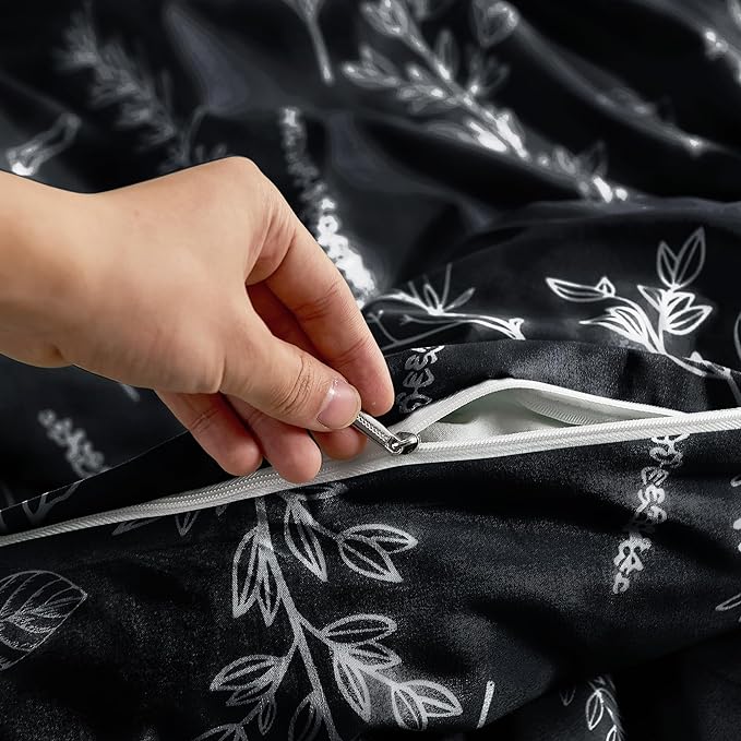 MUXHOMO Duvet Cover Full Size, Reversible Floral Black Duvet Cover Set with Zipper Closure, 3 Pieces Botanical Patterns Soft Microfiber Bedding Set with 4 Ties (80"x90", 2 Pillow Cases)