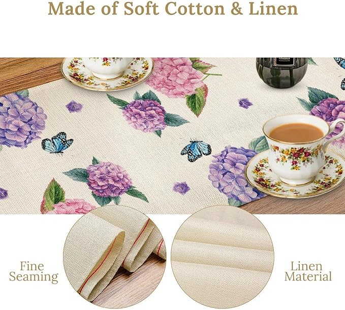 Hydrangea Table Runner, Spring Summer Watercolor Purple Floral Seasonal Country Farmhouse Coffee Coffee Table Center Decor for Home Kitchen Dining Patio Holiday Party Table Decorations 13x72 inches