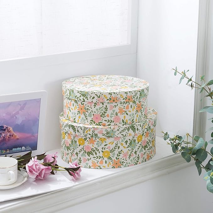 Soul & Lane Spring Fling Oval Decorative Keepsake Boxes with Lids - Set of 2: Floral Pattern Cardboard Containers, Stackable Retro Mache Paperboard Boxes, Nesting Gift Cartons, Shelves Storage