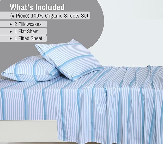 RUVANTI 100% Organic Cotton Sheets Full Size, Percale Weave, GOTS Certified, 4-Piece Set, Deep Pocket 15", Crisp & Breathable, Soft Durable Bedding, Sábanas Algodón Orgánico – Nautical Stripes