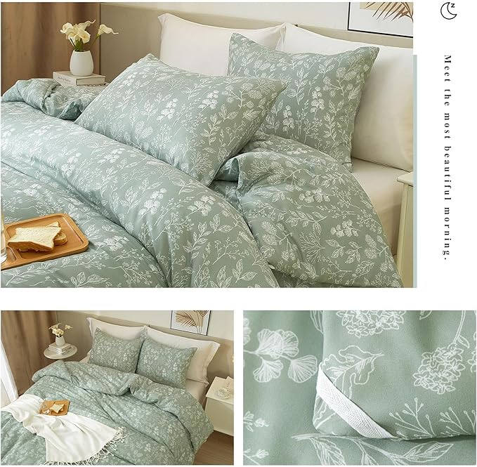 EAVD Garden Style Sage Green Floral Duvet Cover Twin XL Soft Cotton Chic Shabby Small Floral Bedding Set with 2 Pillowcases Fresh Reversible Botanical Duvet Cover with Zipper Closure