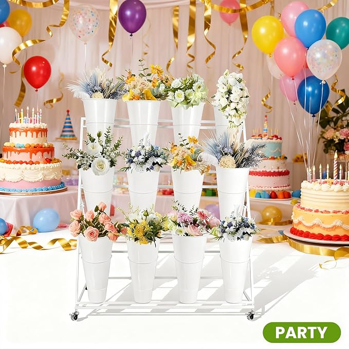 Flower Display Stand 3 Layers with 12 PCS Round Buckets, Plant Stand with Wheels, Movable Metal Plant Stand for Terrace Garden, Florist Shop, Wedding, Party, Easy to Install (White)