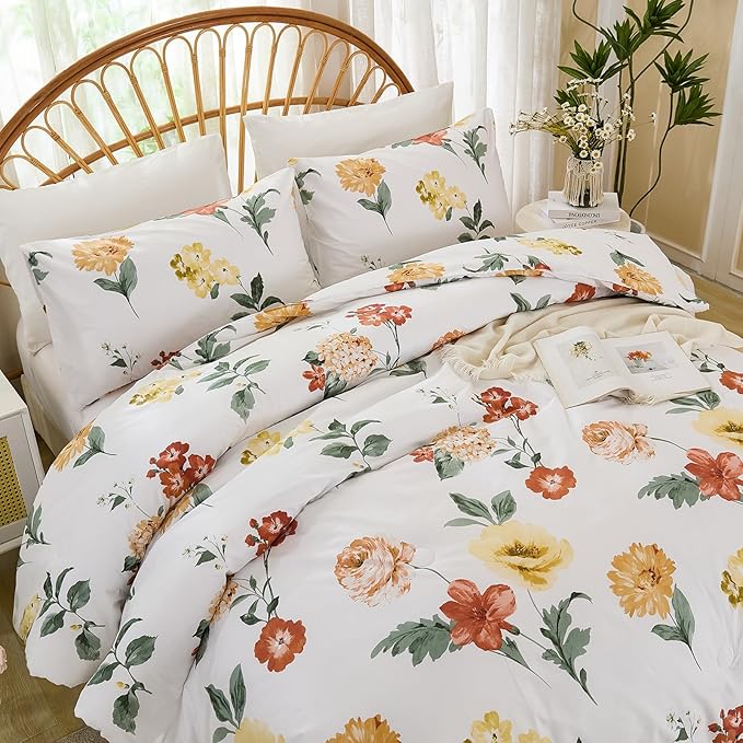 Yellow Floral Comforter Set Cute Botanical Bedding Queen 100% Cotton Floral Vintage & Country Cottage Bedroom Decor Soft Reversible