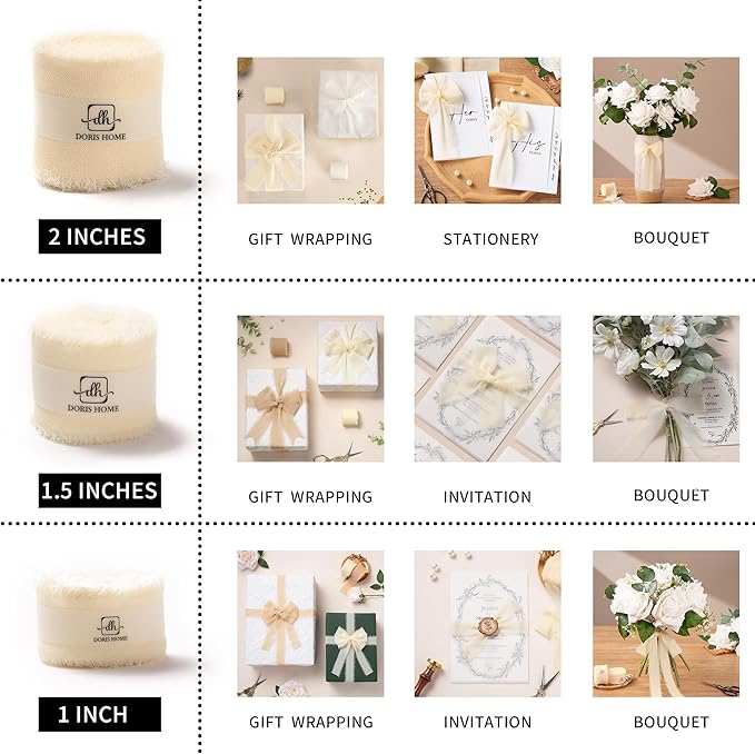 DORIS HOME 1" x21Yd Chiffon Ribbon for Flower Bouquet, Ivory Fabric Ribbon for Gift Wrapping, Handmade Frayed Ribbon for Wedding Invitations/Christmas Decorations
