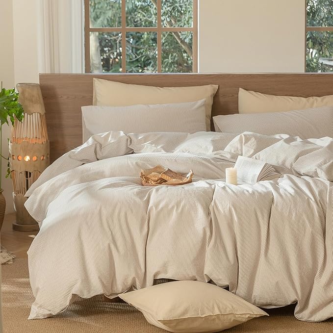 MooMee Striped Duvet Cover Set 100% Washed Cotton Linen Like Textured Breathable Durable Soft Comfy (Tannish Linen Grey White Pinstripes, Alaska King 132"x120")