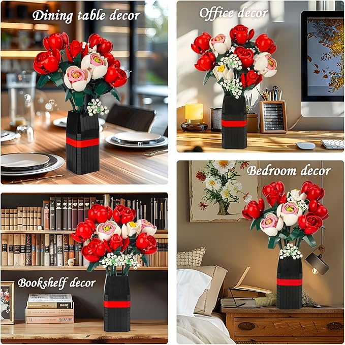 Roses Flower Bouquet Building Kit, Artificial Roses Flower Bouquet Building Set with Vase, DIY Artificial Flower Bouquet Set for Home Office Decoratin, Valentine Christmas