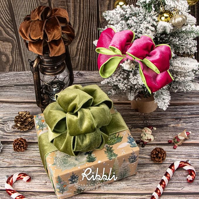 Ribbli Brown Velvet Wired Ribbon 2.5 Inch Velvet with Satin Christmas Ribbon for Gift Wrapping Christmas Tree Decoration Crafts Wreaths Supplies-Continuous 10 Yards