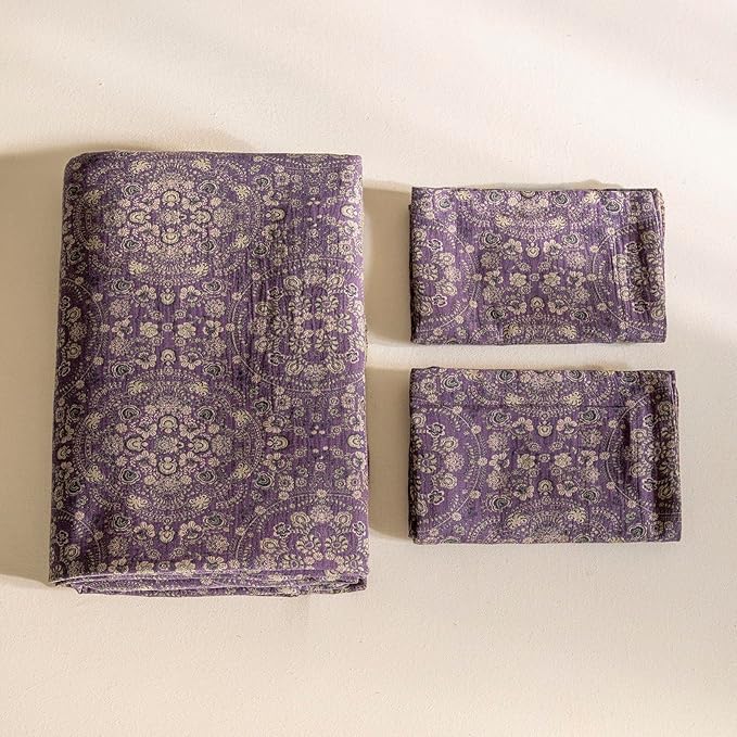 EAVD Soft 100% Cotton Muslin Yarn-Dyed Jacquard Textured Duvet Cover Twin Chic Shabby Purple Floral Duvet Cover with Zipper Closure Linen Like Gauze Floral Bedding Set with 2 Pillowcases