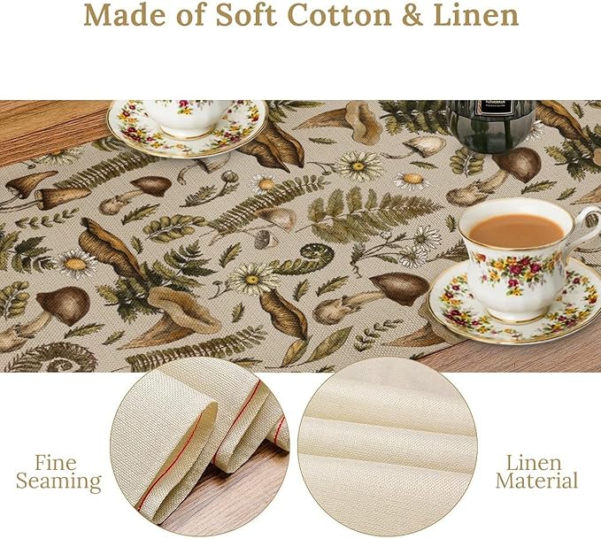 Vintage Woodland Mushroom Table Runner, Rustic Forest Green Plants Wild Mushroom Ferns Daisy Print Kitchen Dining Table Runners for Indoor Outdoor Home Party Holiday Decor, 13x36inch