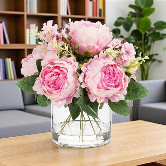 ENOVA FLORAL Artificial Flower Arrangement with Vase,Mixed Artificial Fake Silk Peony Flower in Vase for Decoration Home Office, Wedding Centerpiece (Dark Pink01)