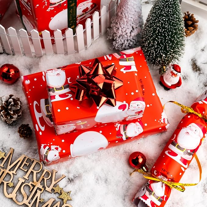 MAYPLUSS Santa Christmas Wrapping Paper Roll - 17 Inch X 33 Feet - Red Vintage Festive Santa Claus HO Design Winter Holiday Gift Wrap Sheet for Family gifts, Christmas Eve, Birthday, Party