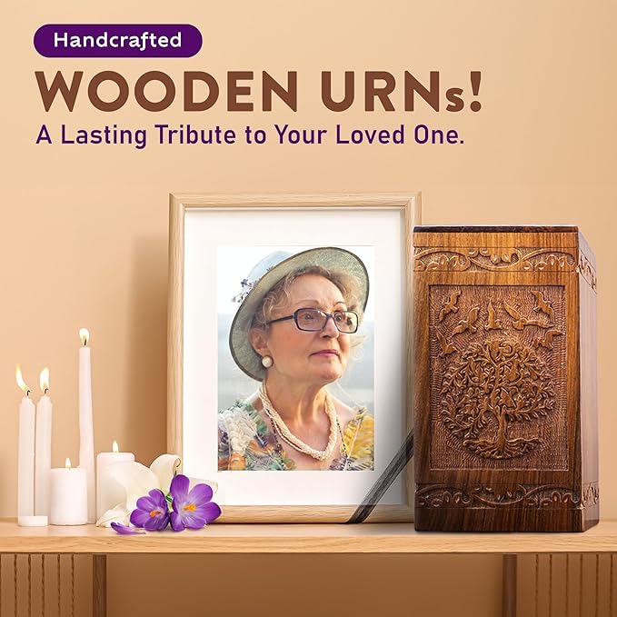 INTAJ Tree of Life Wooden Urn for Human Ashes, 20lbs Capacity, Suitable for Burial for Men, Women, Mom, Dad - Mini Rosewood Keepsake Cremation Urn for Ashes Handcrafted - Wooden Carved Box