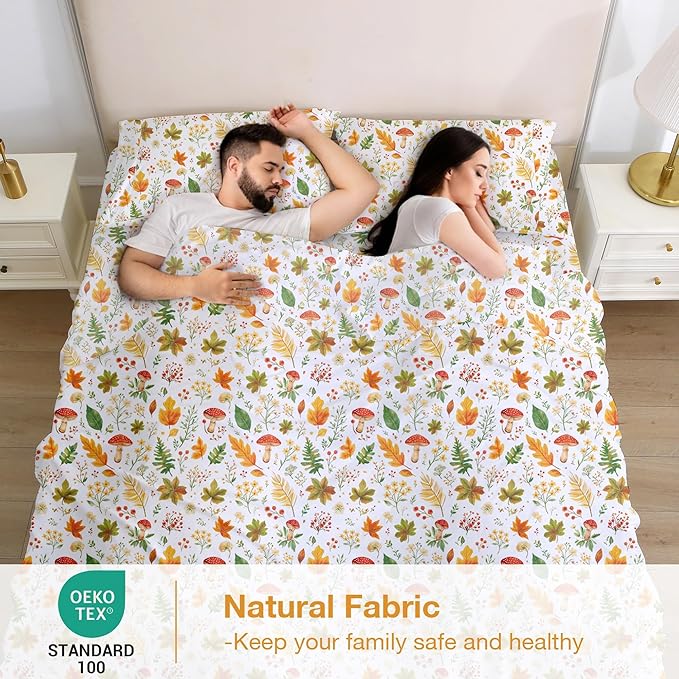 Softan Orange Floral King Size Sheet Set, Printed Microfiber Fitted Sheet with 15" Deep Pockets & Non-Slip Straps, Maple Leaves & Mushroom Patterned Bedding Sheets & Pillowcase Set