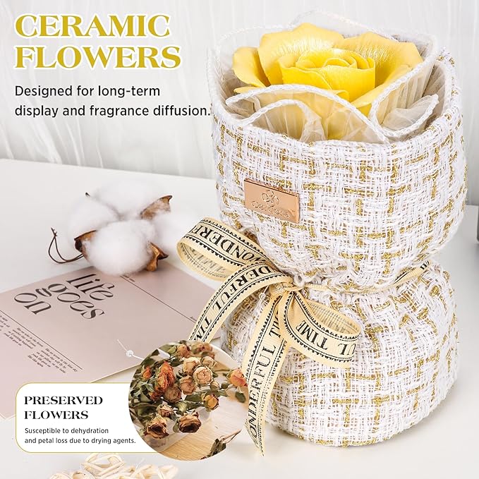 Eternal Love Ceramic Flower Bouquet - Handmade Yellow Ceramic Blossoms with Fragrance, The Perfect Luxury Gift Box for Her Anniversary/Birthday/Mother’s Day/Christmas, Includes Greeting Card