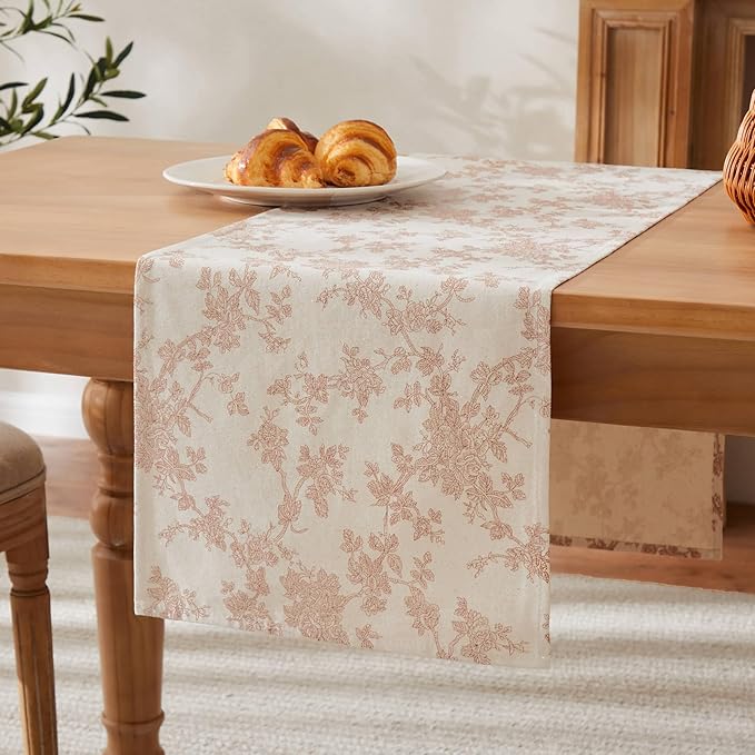 100% Cotton French Pastoral Table Runners, 13x108 Inch Taupe Farmhouse Table Runners 108 Inches Long, Vintage Flowers Print Home Decors