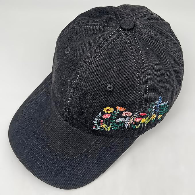 Cute Flower Hat, Elegant Floral Embroidered Adjustable Baseball Cap for Men Women, Gifts for Flower Lovers, Black