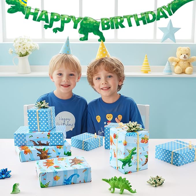 WERNNSAI Dinosaur Birthday Wrapping Paper Roll - 1 Roll 17”x 16.4 ft Blue Dinosaur Wrapping Paper for Boys Birthday Gift Packing Supply Baby Dino Decor Favor