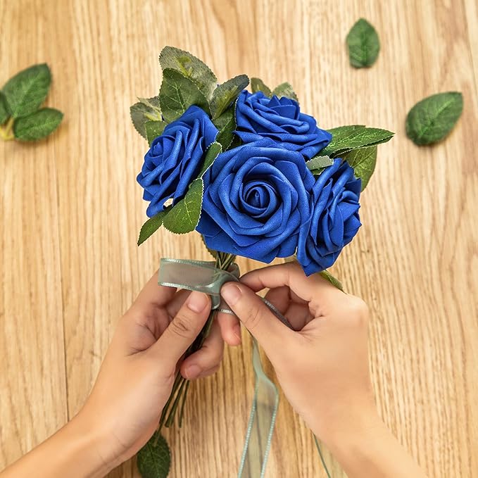 Royal Blue Rose 50pcs Foam Rose Real Looking Fake Rose with Stems Leaves for Home Decoration Party Garden Centerpieces DIY Wedding Bouquets(Royal Blue)